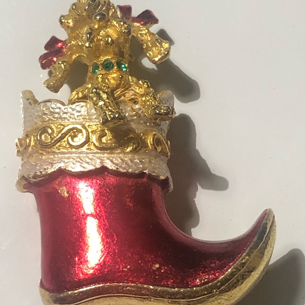 Vintage MYLU Red and Gold Holiday Boot Brooch with golden doggy.